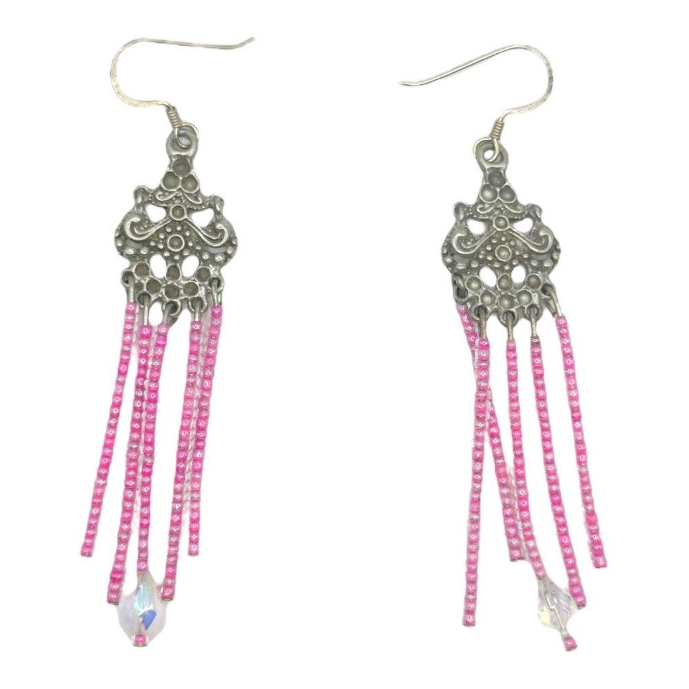 Vintage 1960s Pink Chandelier Earrings Artisan Crafted With Szezh Glass Beading - Picture 2 of 8